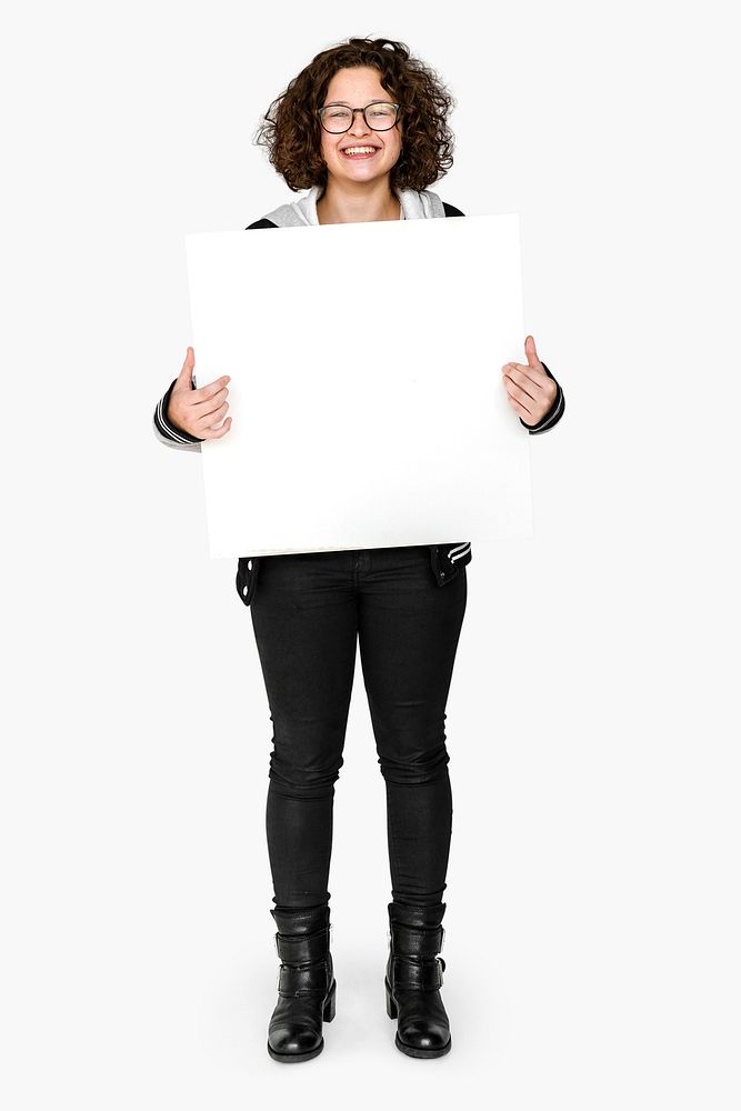 Young woman holding a banner mockup