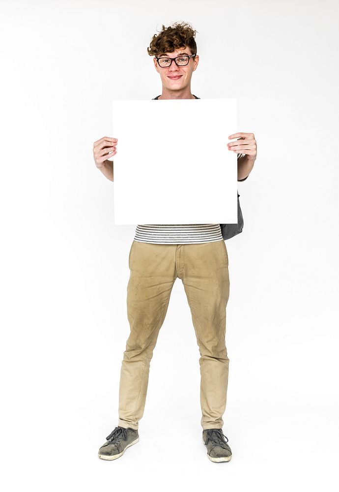 Young Man Hands Hold Showing Blank Paper Board Copy Space