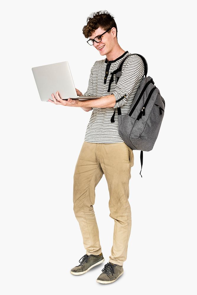 Young man standing using laptop connection