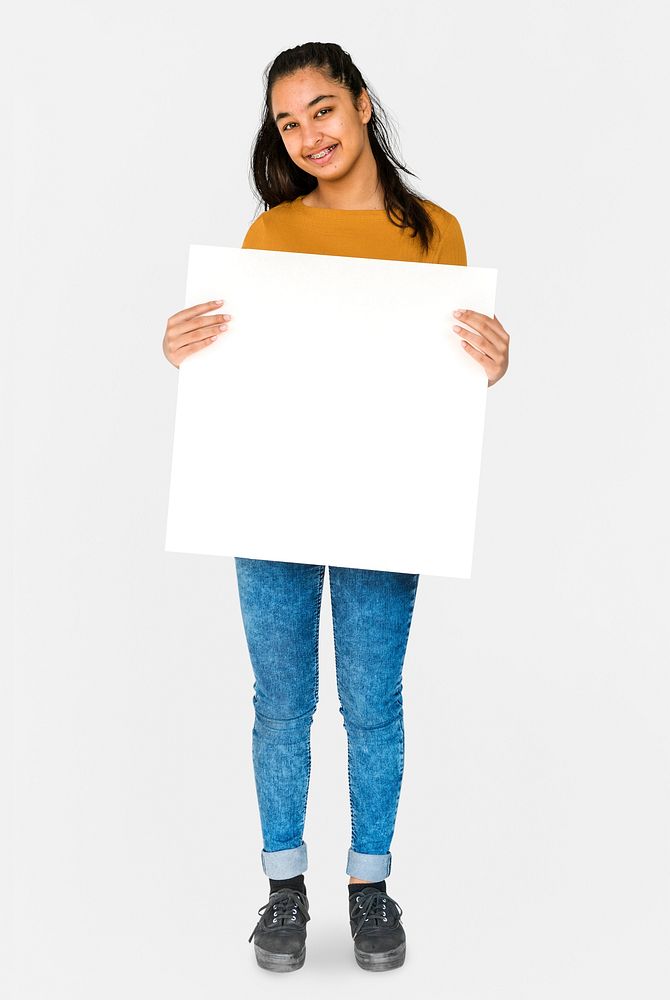 Indian Ethnicity Smiling Girl Standing and Holding Placard