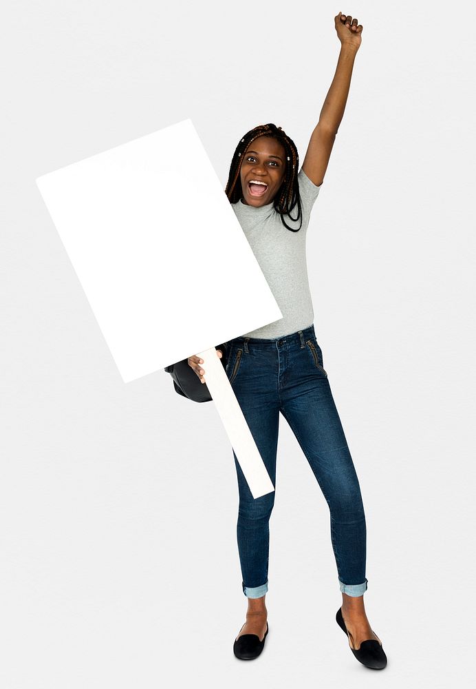 African girl arms raised and holding blank banner