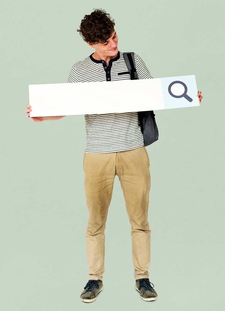 Young adult man holding blank searching banner