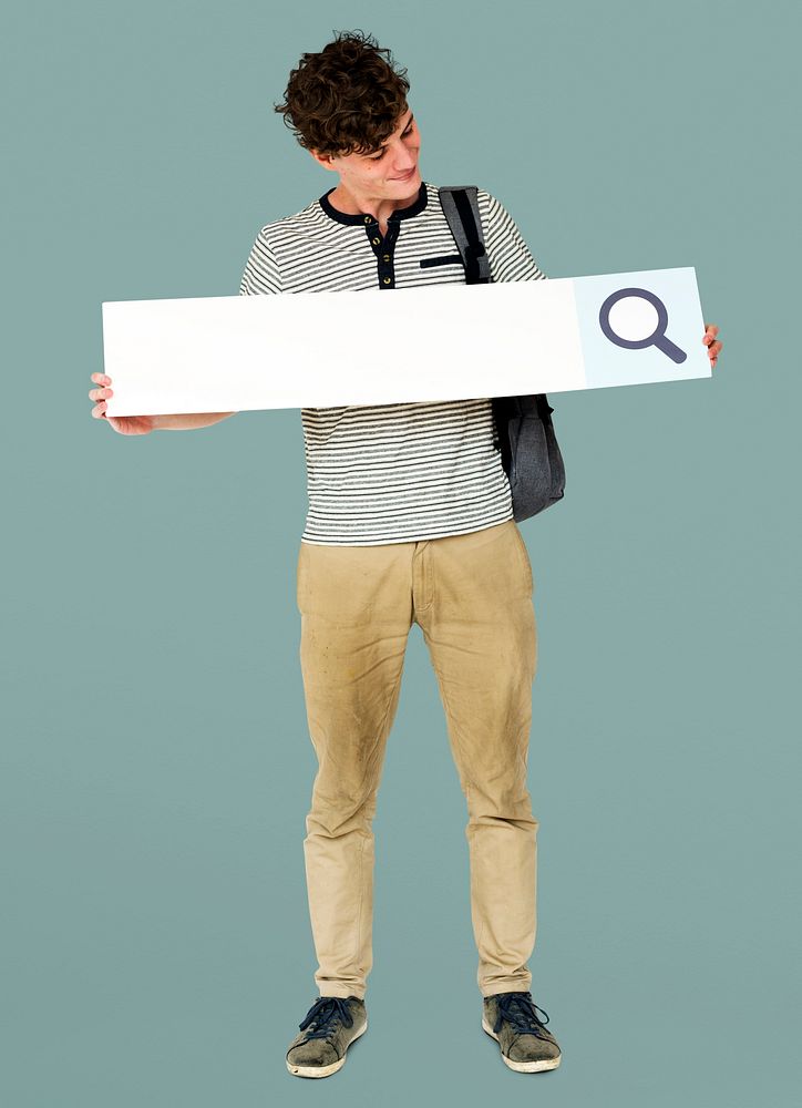 Young adult man holding blank searching banner