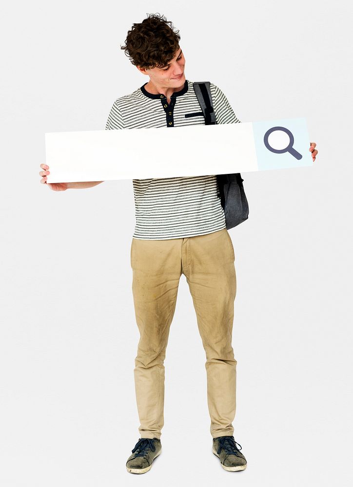 Young adult man holding blank searching banner