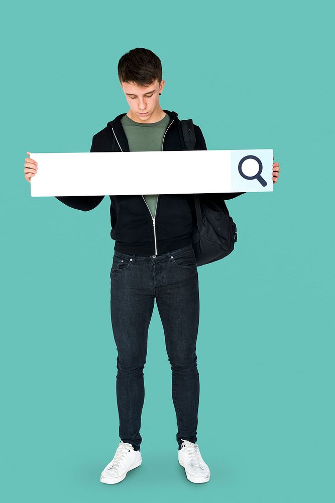 Young adult man holding blank searching banner