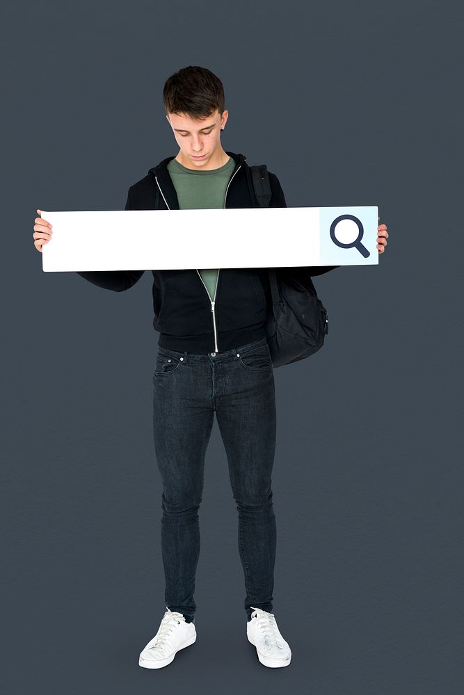 Young adult man holding blank searching banner