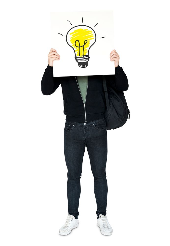 Man holding banner with light bulb symbol cover his face