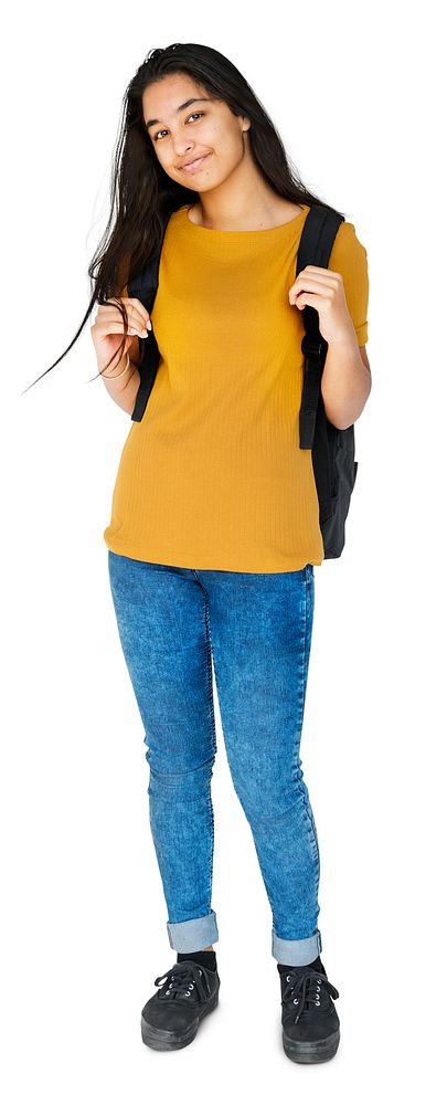 Young adult girl smiling and carrying bag