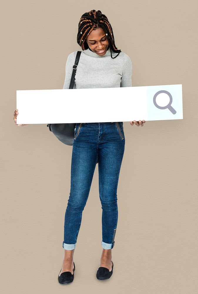 Young adult girl holding blank searching banner