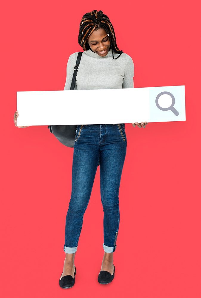 Young adult girl holding blank searching banner