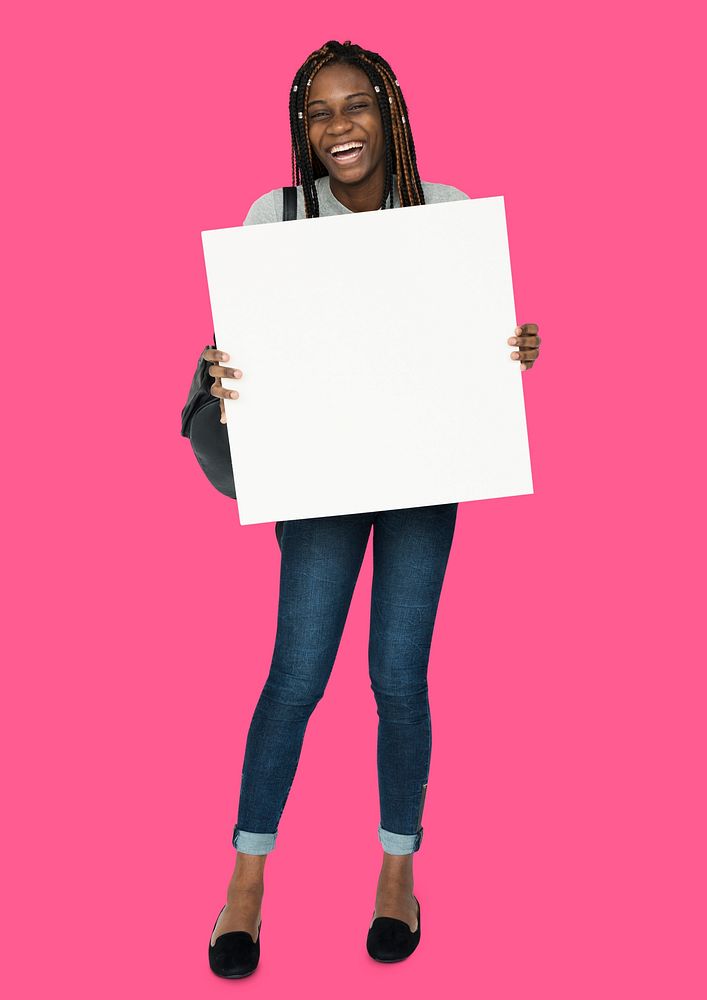 African woman holding copyspace placard