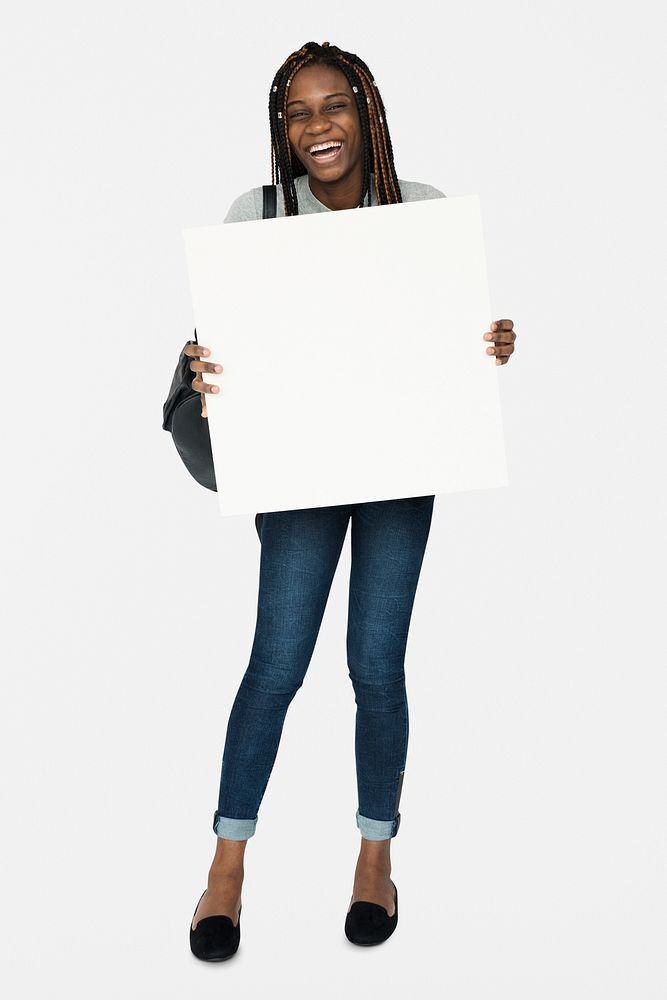 African woman holding copyspace placard