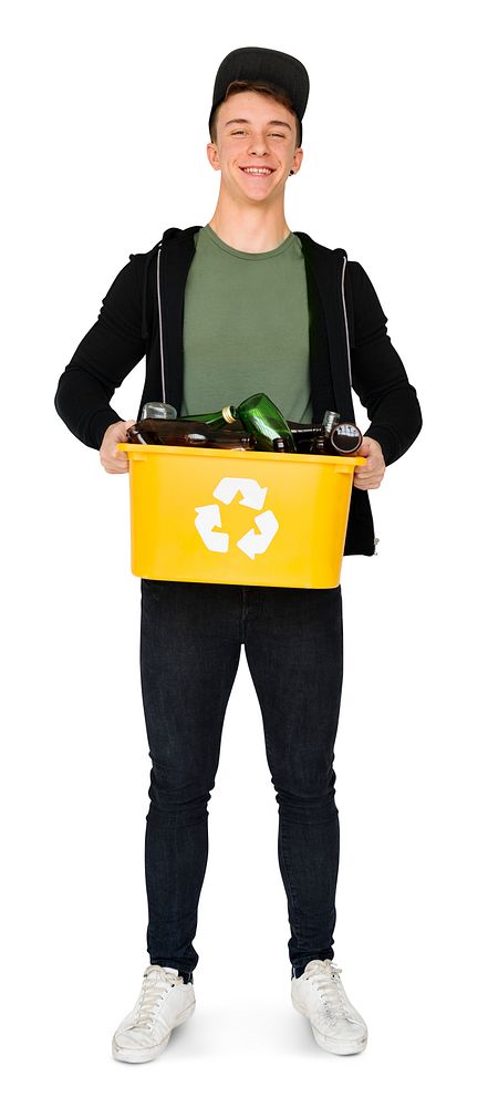Young Adult Man Holding Recyclable Glass Bottles Studio Portrait