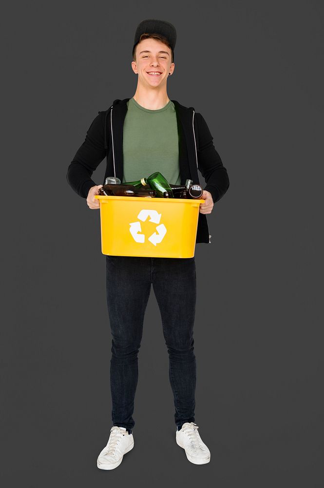 Young Adult Man Holding Recyclable Glass Bottles Studio Portrait