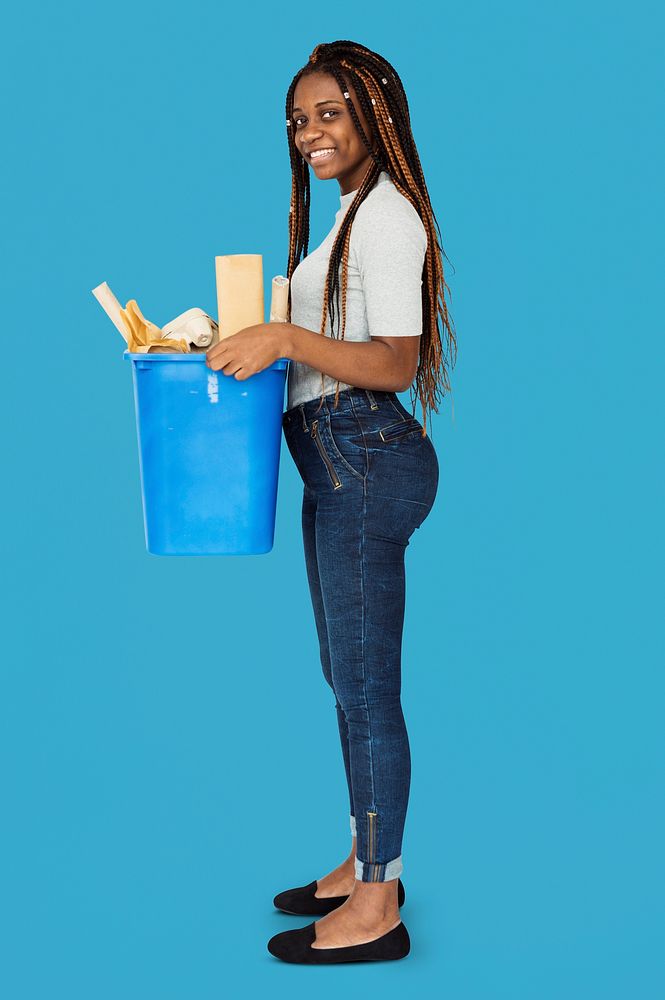 Young Adult Woman Holding Recyclable Papers Studio Portrait