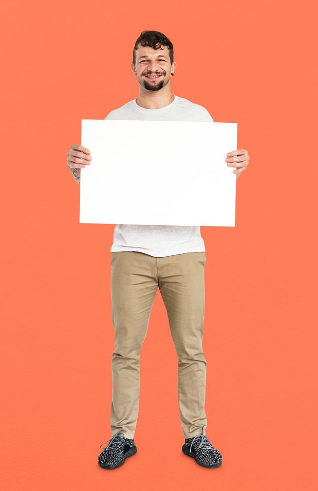 Adult Man Holding Blank Paper Board Studio Portrait