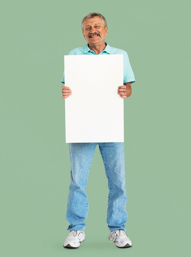 Senior Adult Man Holding Blank Paper Board Studio Portrait