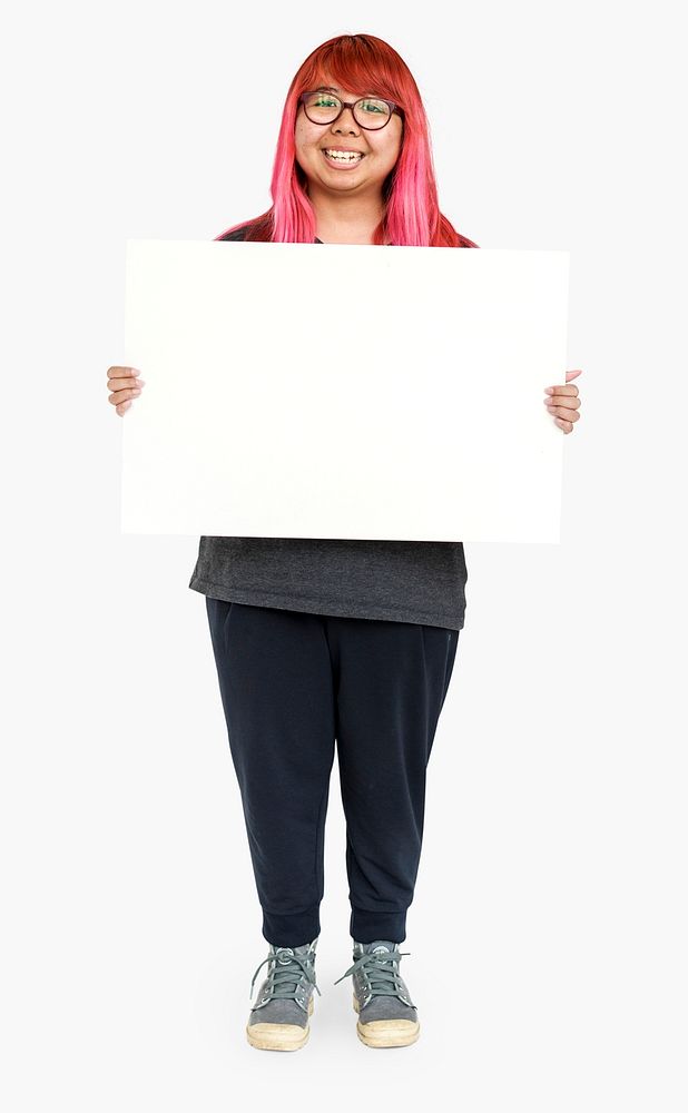 Young woman pink hair holding empty board for communication advertising