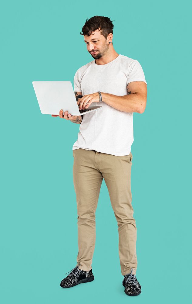 Adult Man Using Laptop Device Studio Portrait