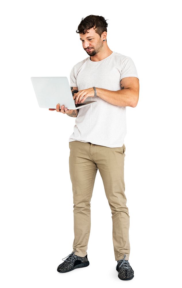 Adult Man Using Laptop Device Studio Portrait