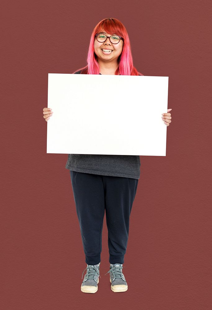 Adult Woman Holding Blank Paper Board Studio Portrait