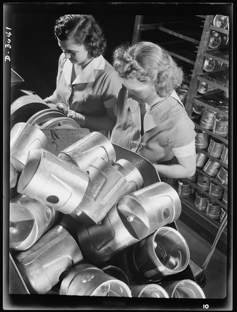 Aluminum casting. The heads of these heat-treated pistons must be spotted prior to Brinnell hardness testing. Young women…