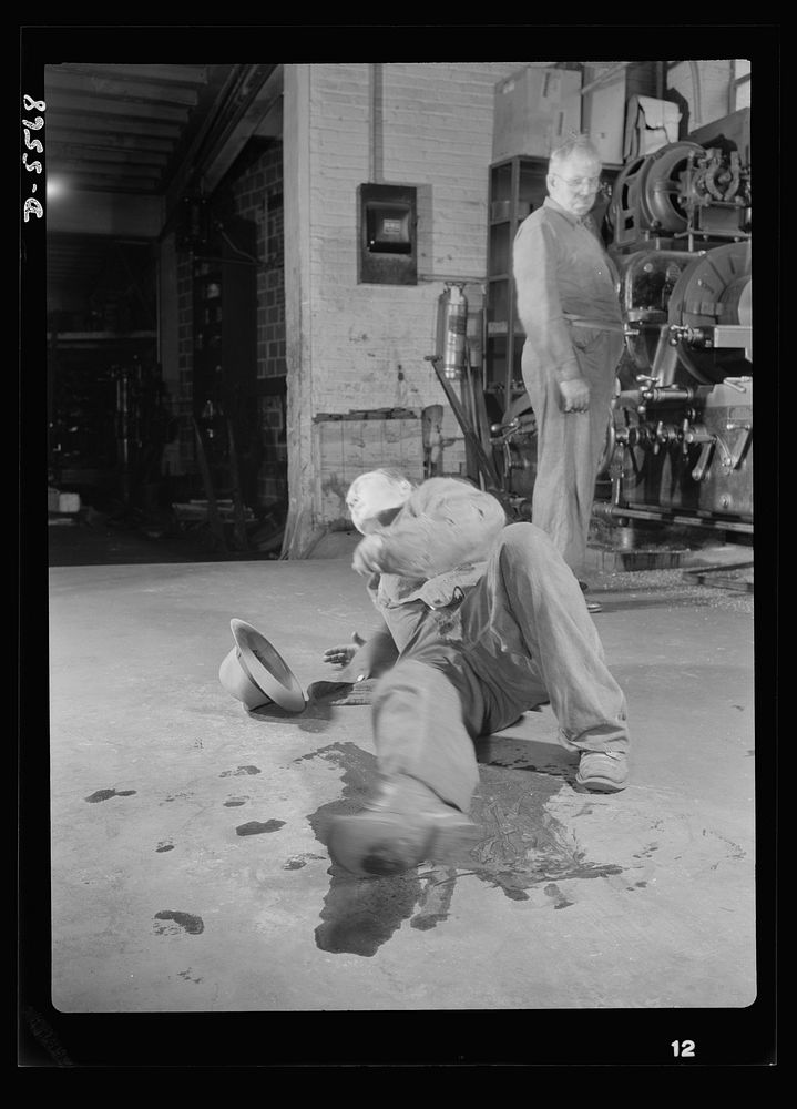 Industrial safety. Accident prevention. A careless employee has injured a fellow worker by leaving oil spilled on the floor.…