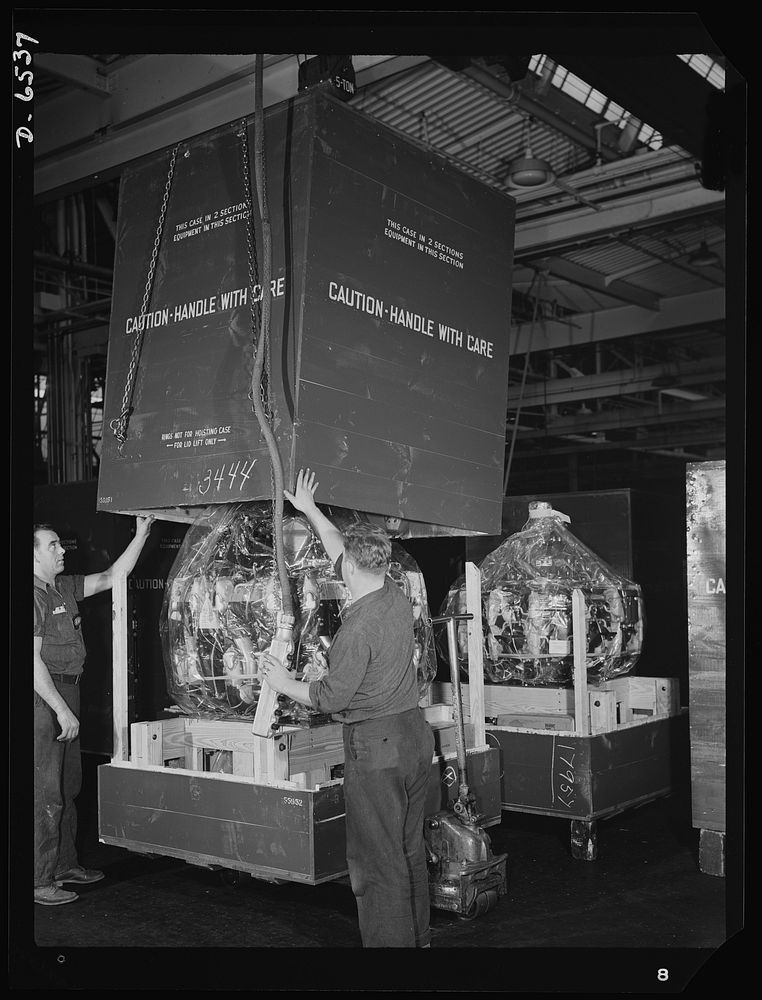 Production. Pratt and Whitney airplane engines. A completed Pratt and Whitney airplane motor ready for installation in a…