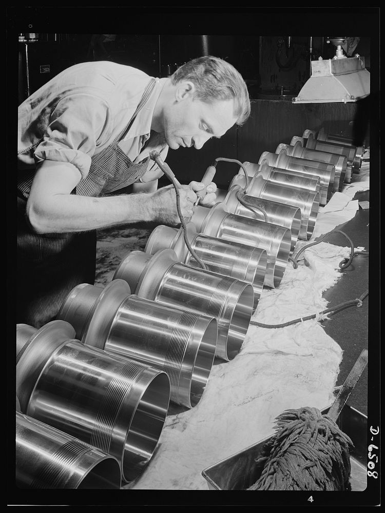 Production. Pratt and Whitney airplane engines. Cylinder barrels for Pratt and Whitney airplane engines are inspected and…