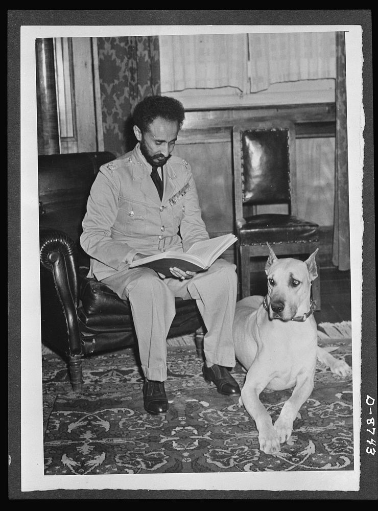 American military delegation calling on Haile Selassie. With his pet dog, Bull, alertly resting at his side, His Majesty…