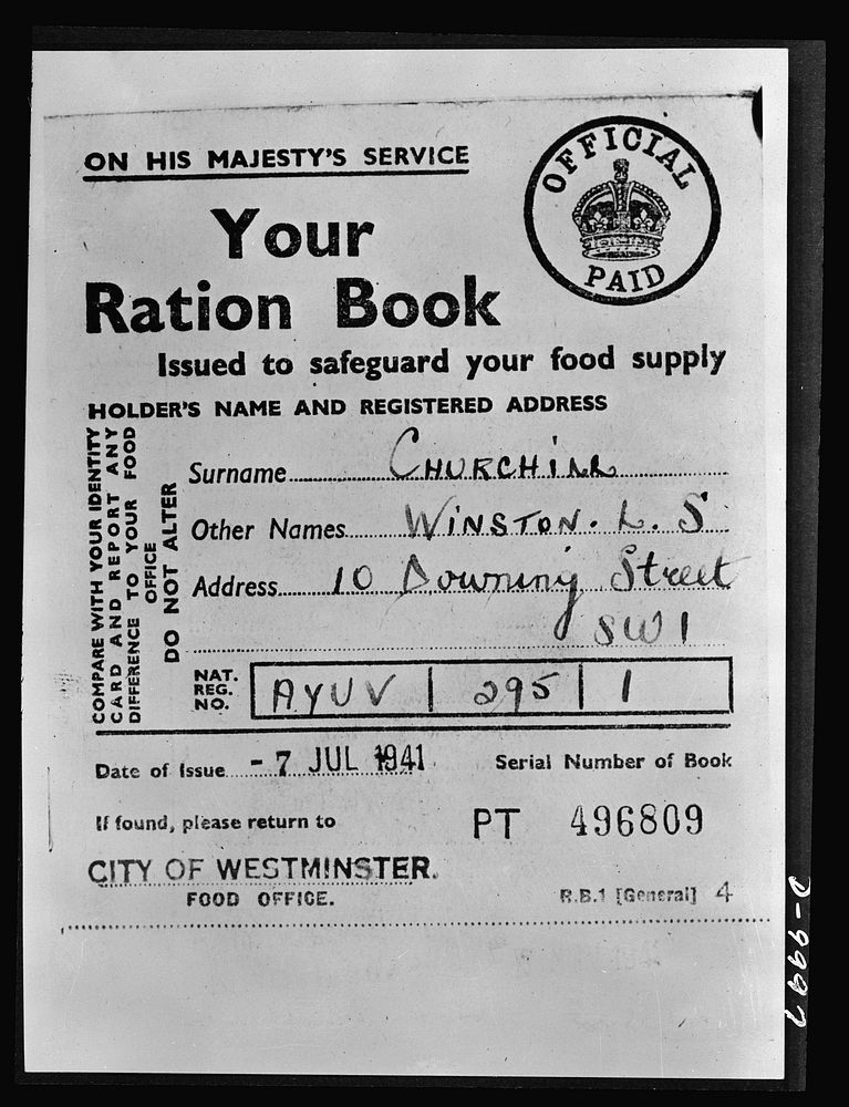 Food in England. A page from Winston Churchill's ration book. All food imported into England is government property and is…