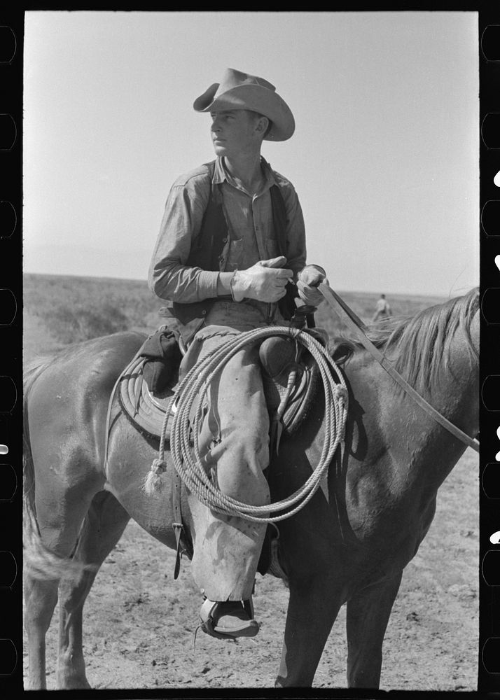 Cowboy on horse with equipment on cattle ranch near Spur, Texas by Russell Lee