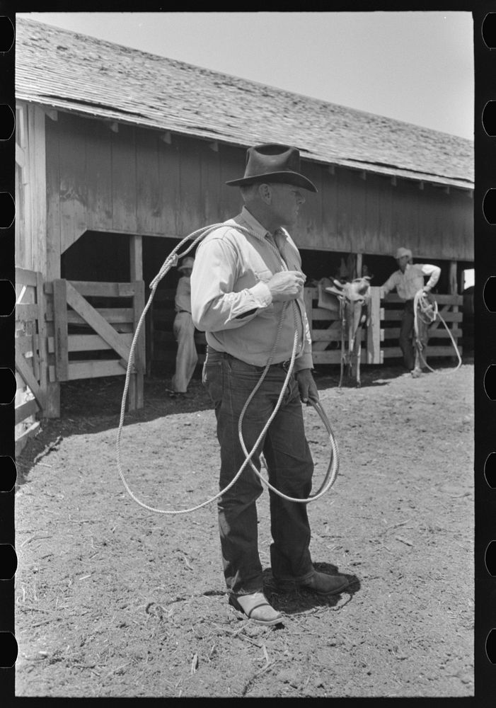 Cowboy with rope on cattle ranch near Spur, Texas by Russell Lee