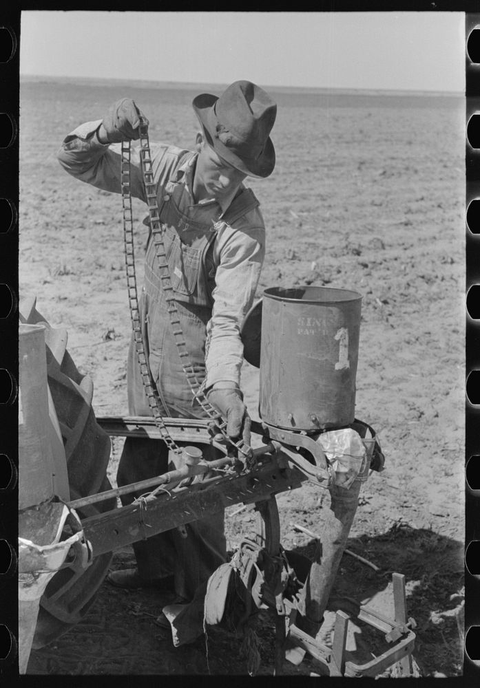 Day laborer putting chain onto feeder gear of planter on farm near Ralls, Texas by Russell Lee