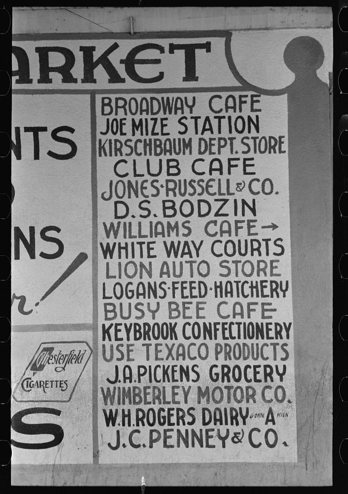 Sign showing business establishments of Colorado City, Texas by Russell Lee