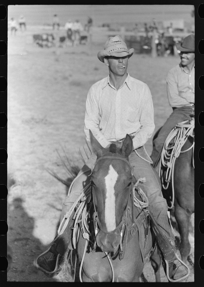 Cowboy on horse, Bean Day rodeo, Wagon Mound, Mew Mexico by Russell Lee
