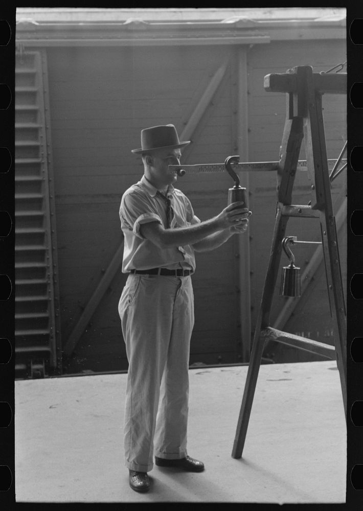 [Untitled photo, possibly related to: Weighing cotton at unloading platform. Cotton compress, Houston, Texas] by Russell Lee
