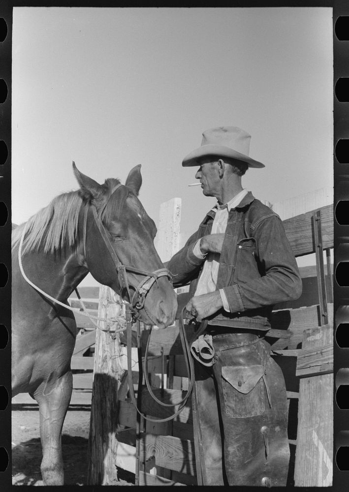 Cattleman with his horse at auction, San Angelo, Texas by Russell Lee