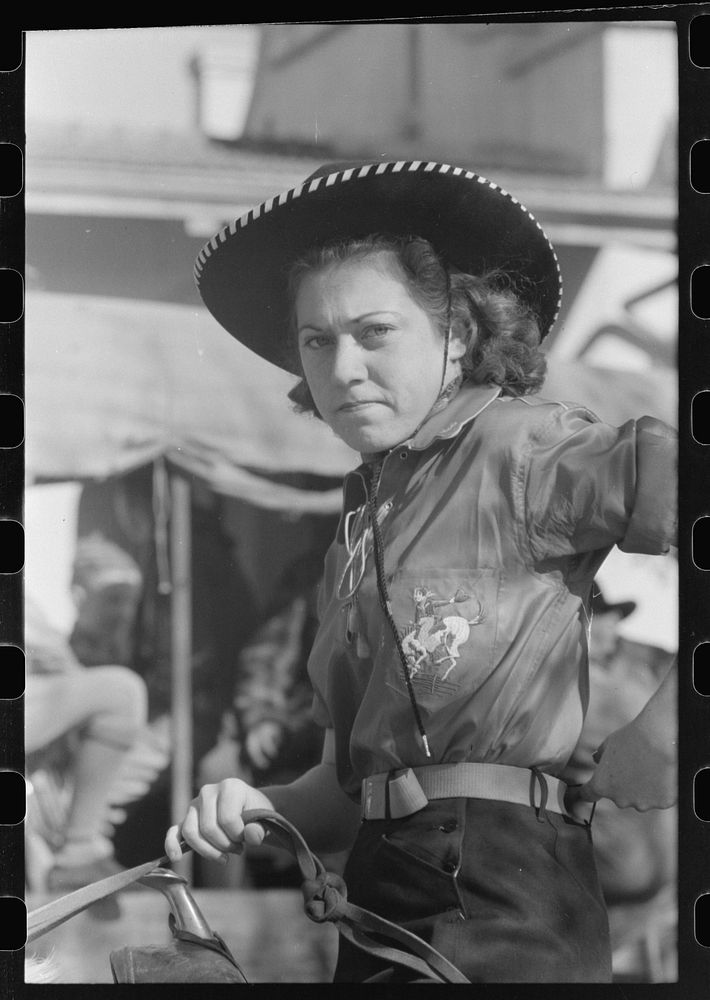 Girl rodeo performer, San Angelo Fat Stock Show, San Angelo, Texas by Russell Lee