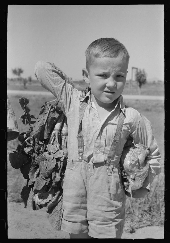 Little boy with sack of vegetables from the community garden at the Casa Grande Valley Farms, Pinal County, Arizona by…