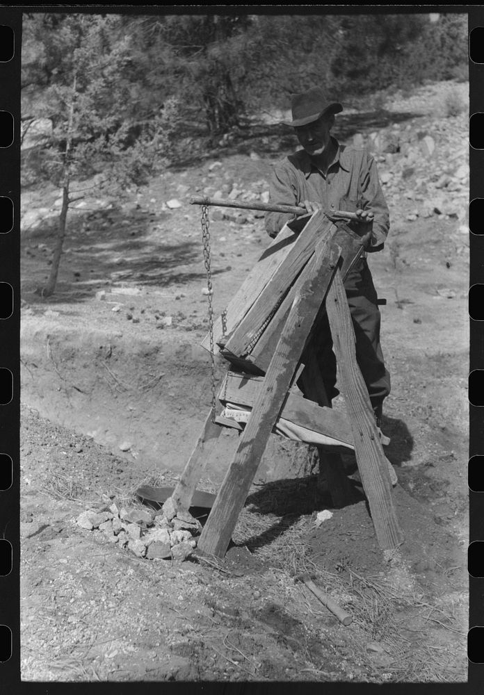 [Untitled photo, possibly related to: Prospector operating the papago. Pinos Altos, New Mexico] by Russell Lee