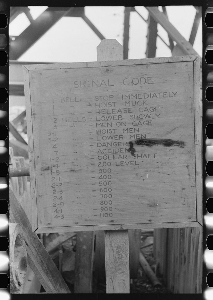 Signal code at gold mine. Mogollon, New Mexico by Russell Lee