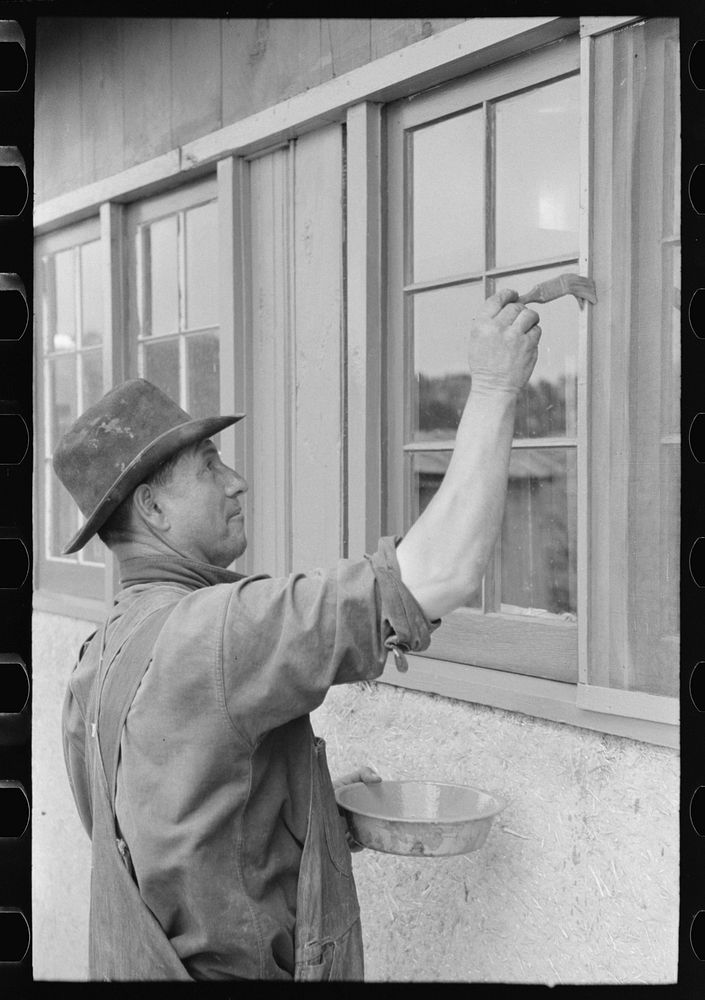 Spanish-American farmer painting window frames on his house, Chamisal, New Mexico by Russell Lee