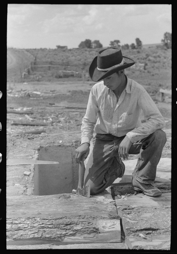 [Untitled photo, possibly related to: Spanish-American boy on top of house. He is building a new roof. Amalia, New Mexico]…