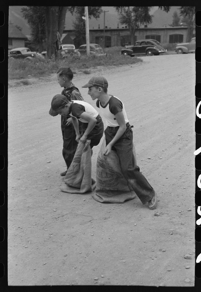 Boys' sack race at Labor Day celebration, Ridgway, Colorado by Russell Lee