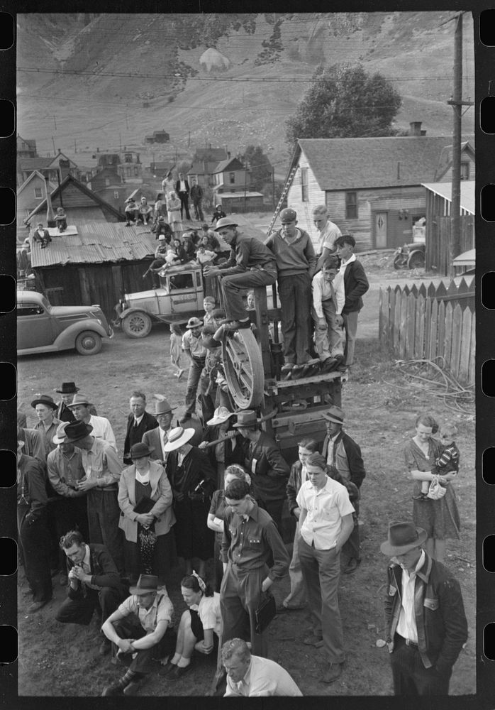 [Untitled photo, possibly related to: Judges inspecting drill which will be used in miners power drilling contest at Labor…