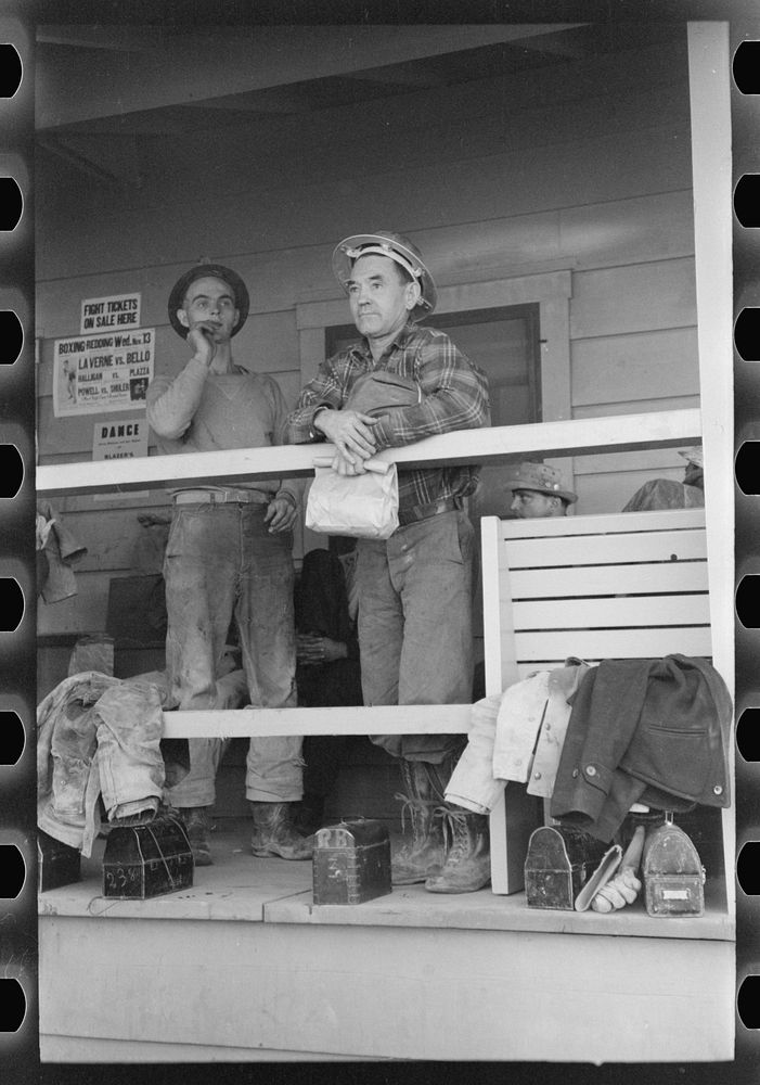 Construction workers on front porch of commissary, Shasta Dam. Shasta County, California by Russell Lee