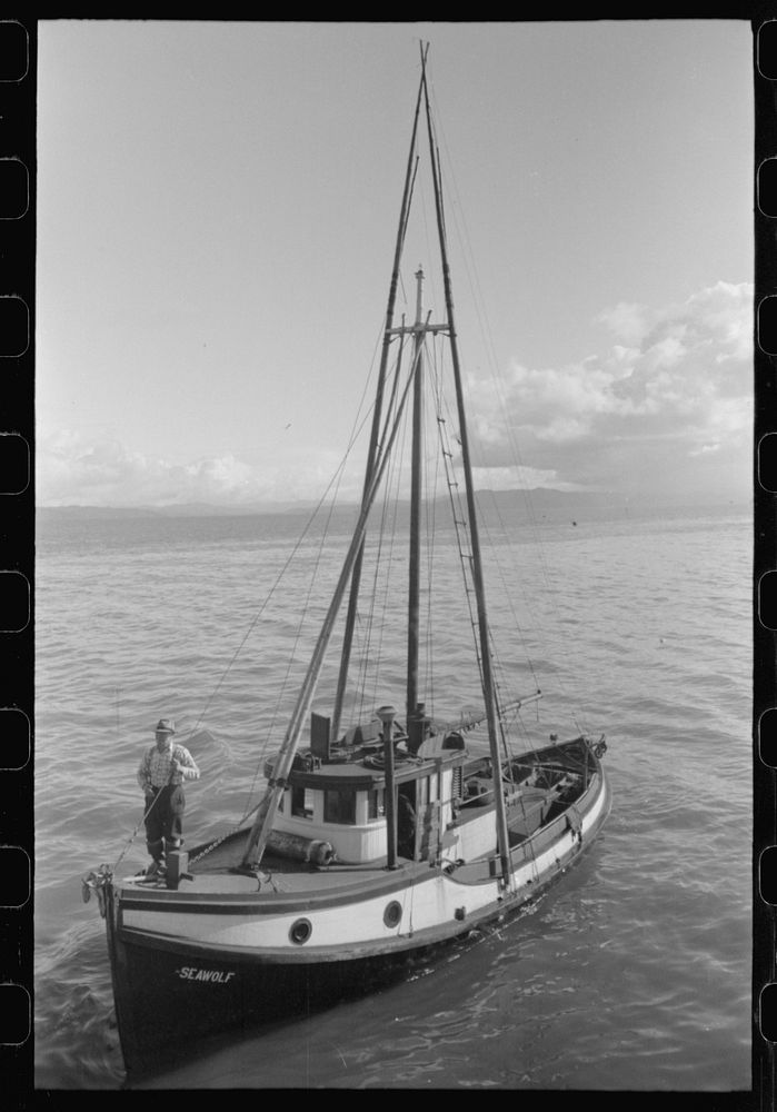 [Untitled photo, possibly related to: Fishing boat tied up at docks of the Columbia River Packing Association, Astoria…