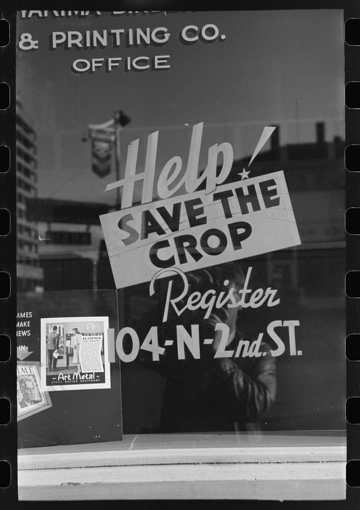 Sign on store window in Yakima, Washington, the crop referred to is hops by Russell Lee