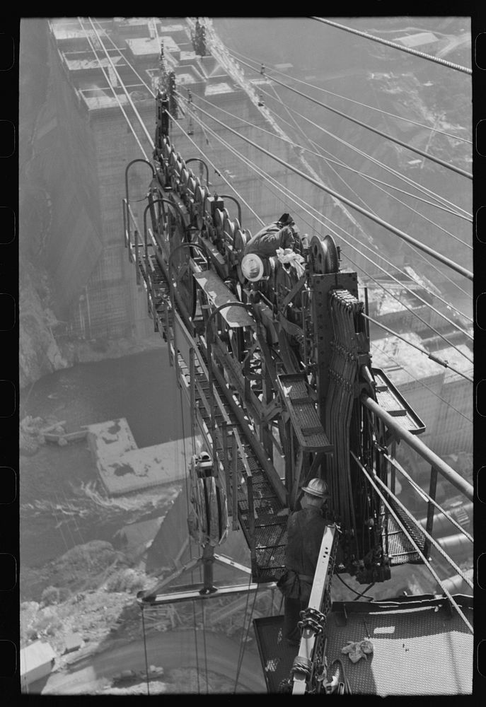 Looking from main tower from which serial tram and supply buckets are operated, Shasta Dam, Shasta County, California by…